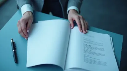 Overhead view of a person reviewing an open folder of documents at a desk