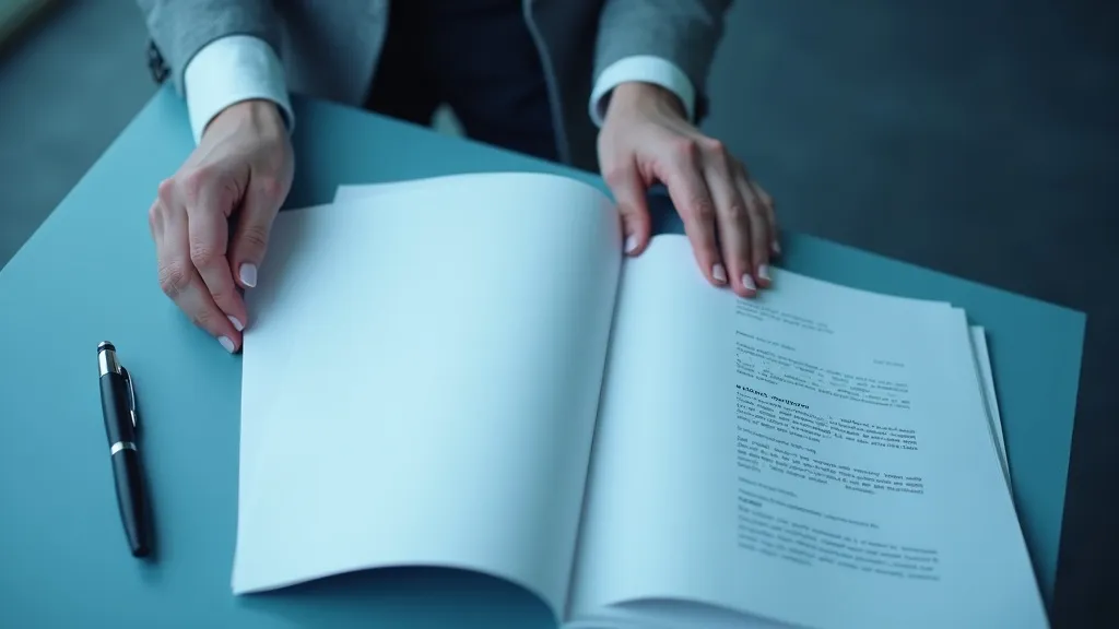 Overhead view of a person reviewing an open folder of documents at a desk