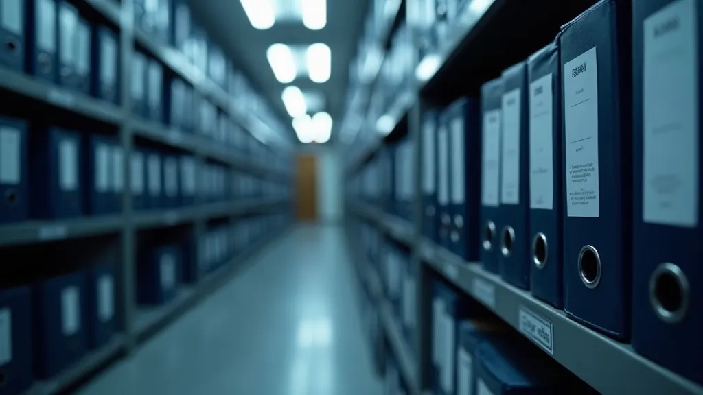 Rows of archive binders on shelving in a records room
