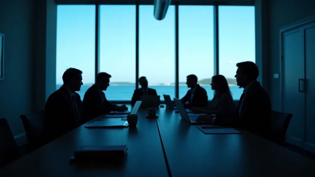 A boardroom meeting in silhouette overlooking the Isle of Man coast, representing board oversight