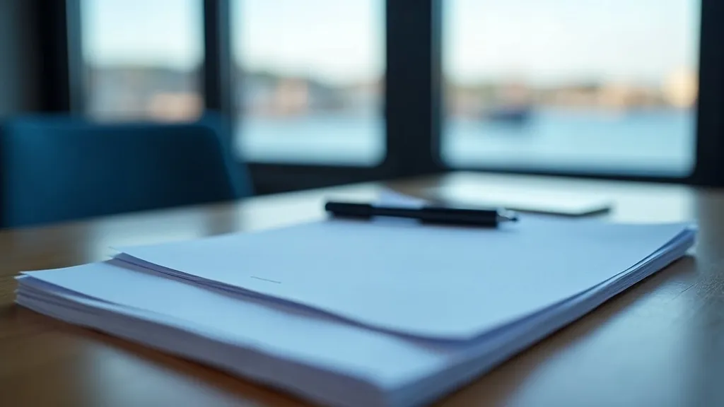 Printed documents and a pen on a desk by a window overlooking a harbour