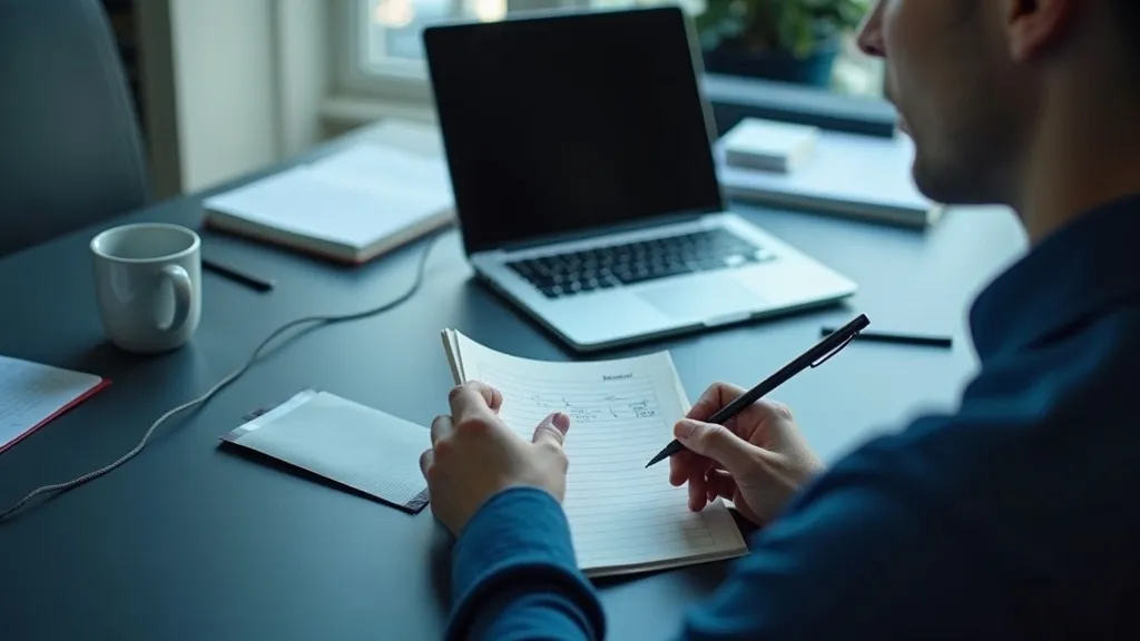 Overhead view of someone working at a desk with a diary and a laptop
