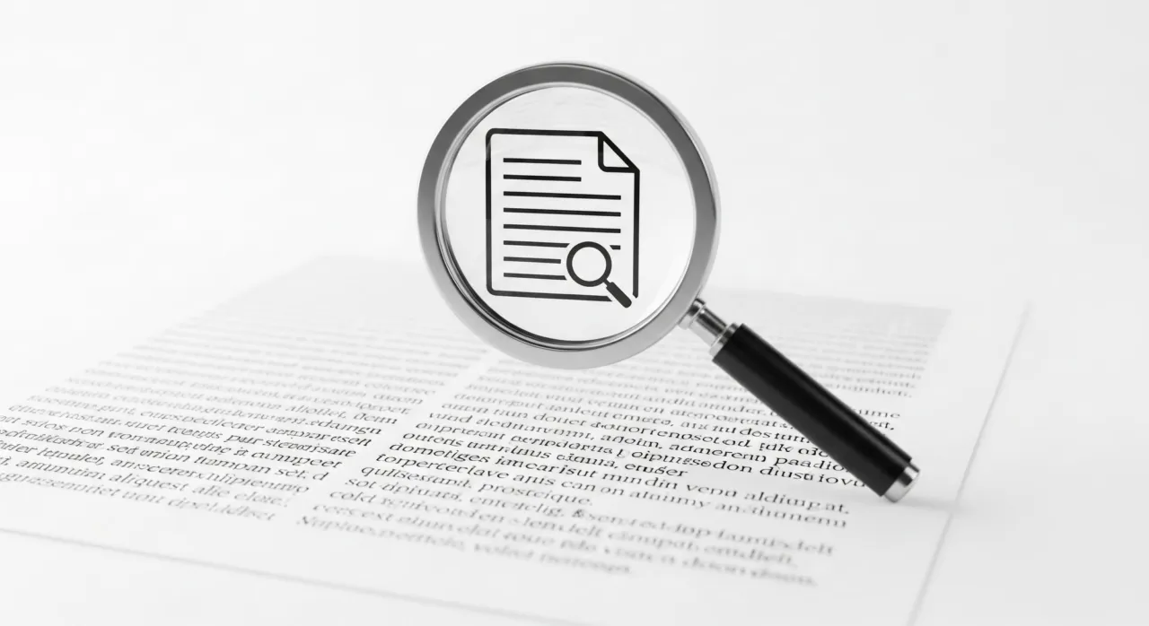 A wide top-down view of a desk with a national risk report and a magnifier, cool blue tones