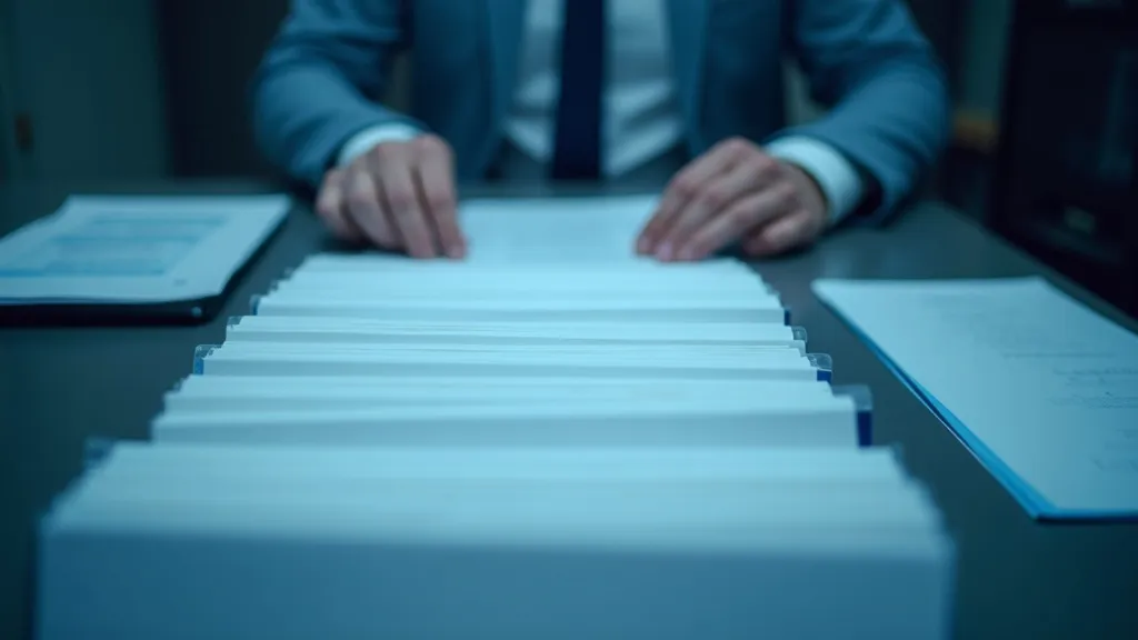 Top-down view of client folders being sorted into groups on a desk