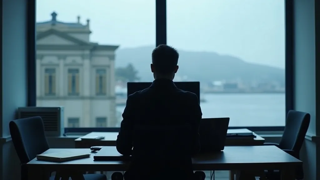 A person seen from behind working at a laptop by a window overlooking an Isle of Man harbour
