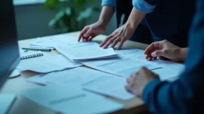 Overhead view of a person reviewing and sorting paper documents on a desk