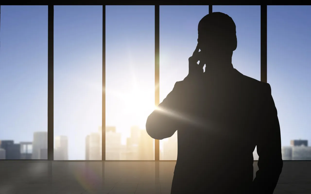 Silhouetted professional viewed from behind at a window, cool blue tones