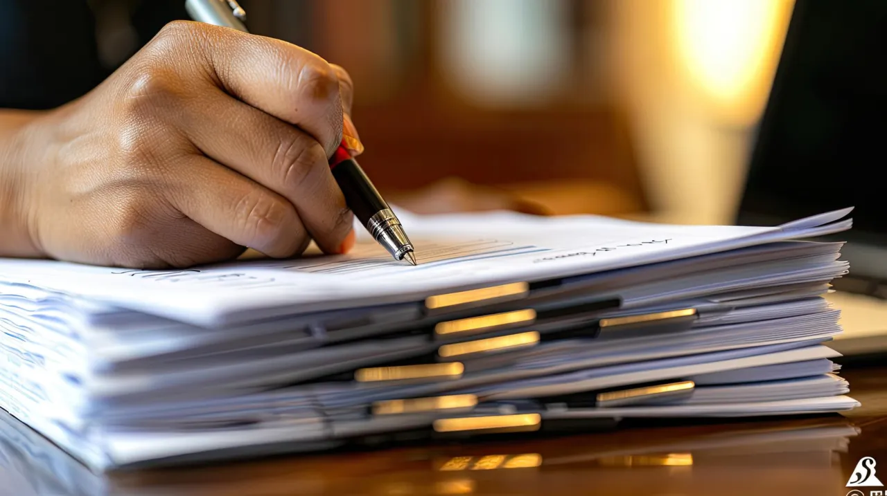 A hand holding a pen above a tabbed stack of documents