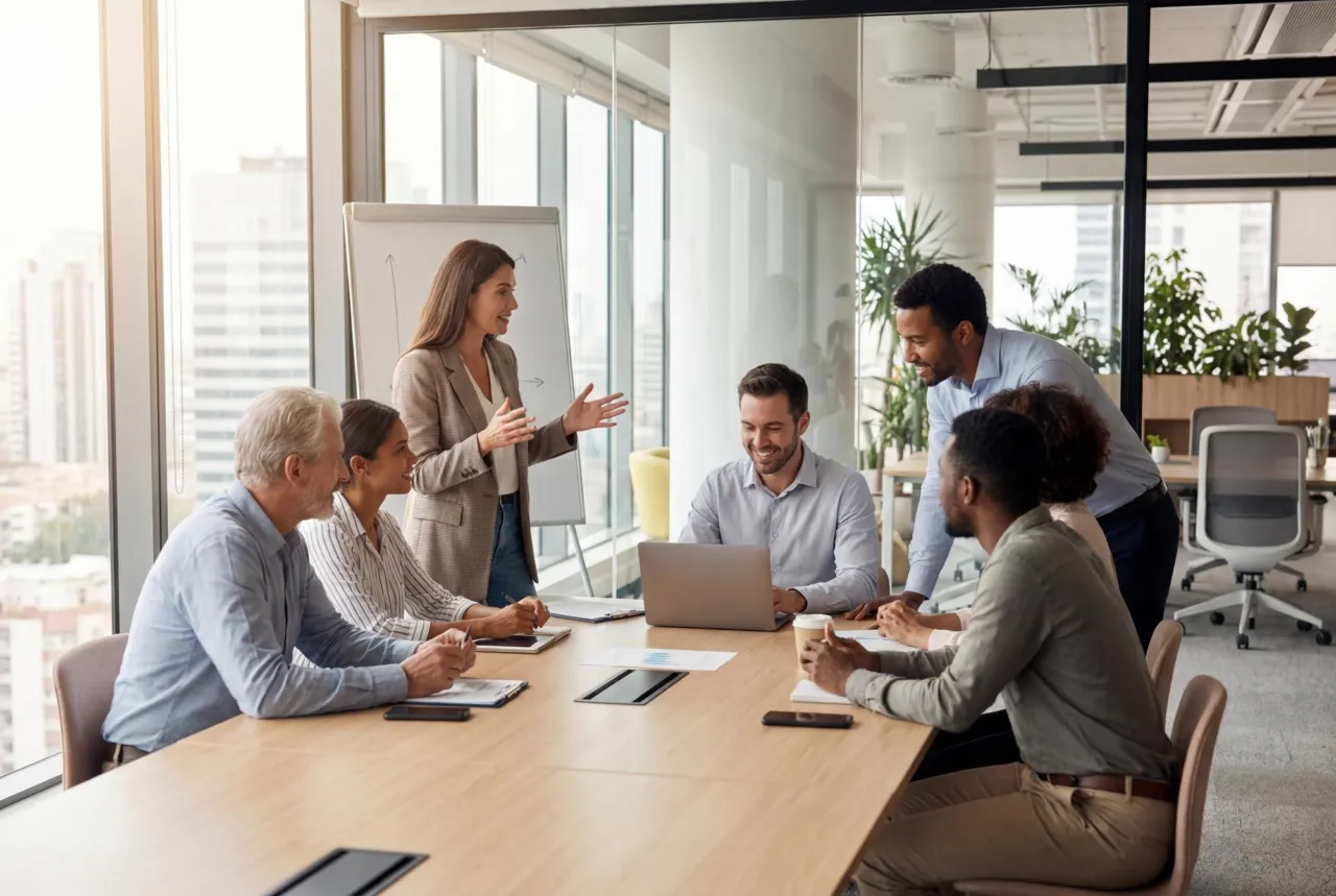 A team meeting around a table in a modern office
