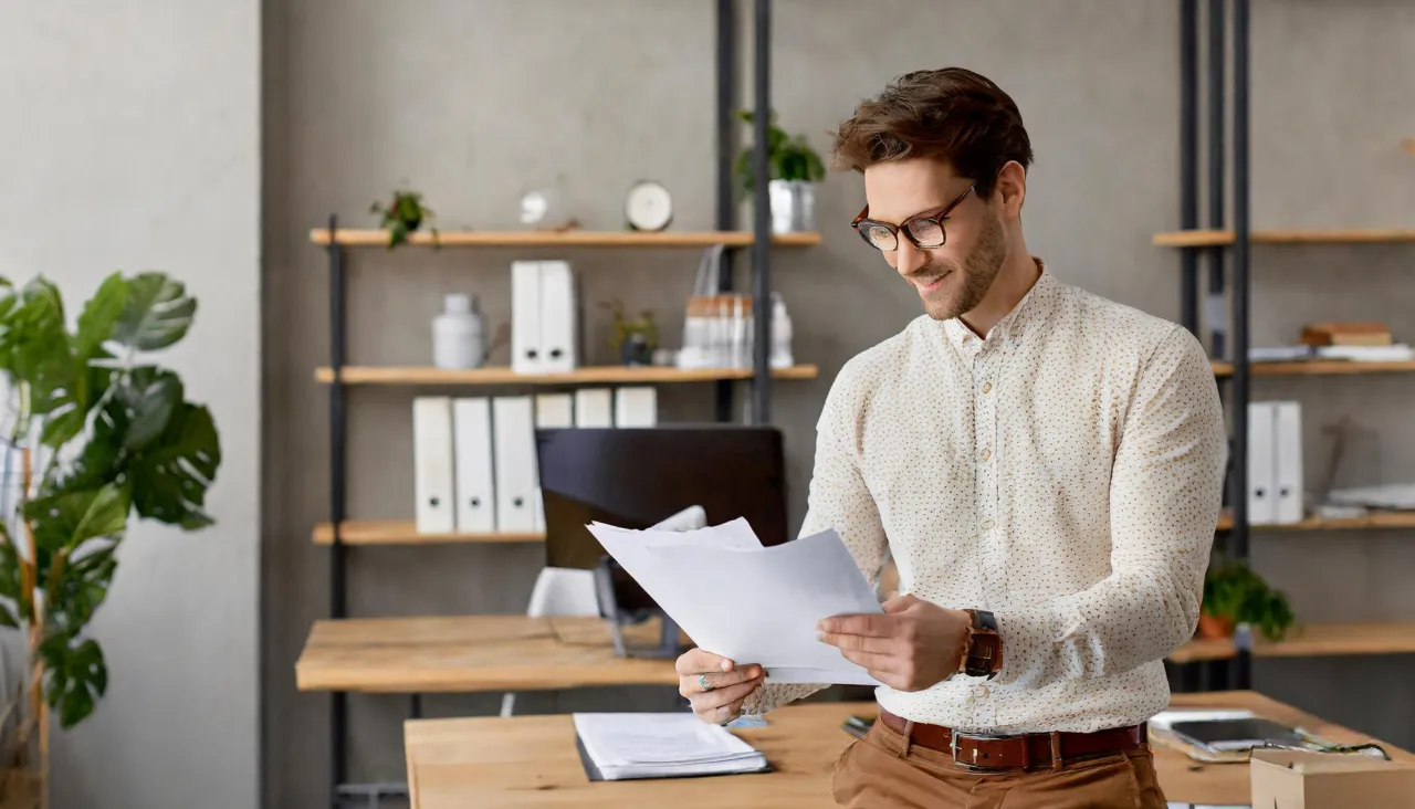 A man reading a document in an office lined with ring binders